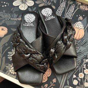 Vince Camuto Black Slide Sandals with Chain Detail